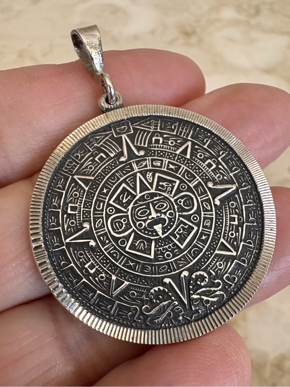 Sterling Silver Aztec Sun Calendar Pendant | Vintage Mexican Calendar Medallion
